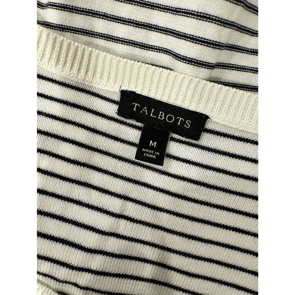 Talbots Sweater Ivory Black Striped Floral Embroidered Beaded Ruffle Cuff M‎